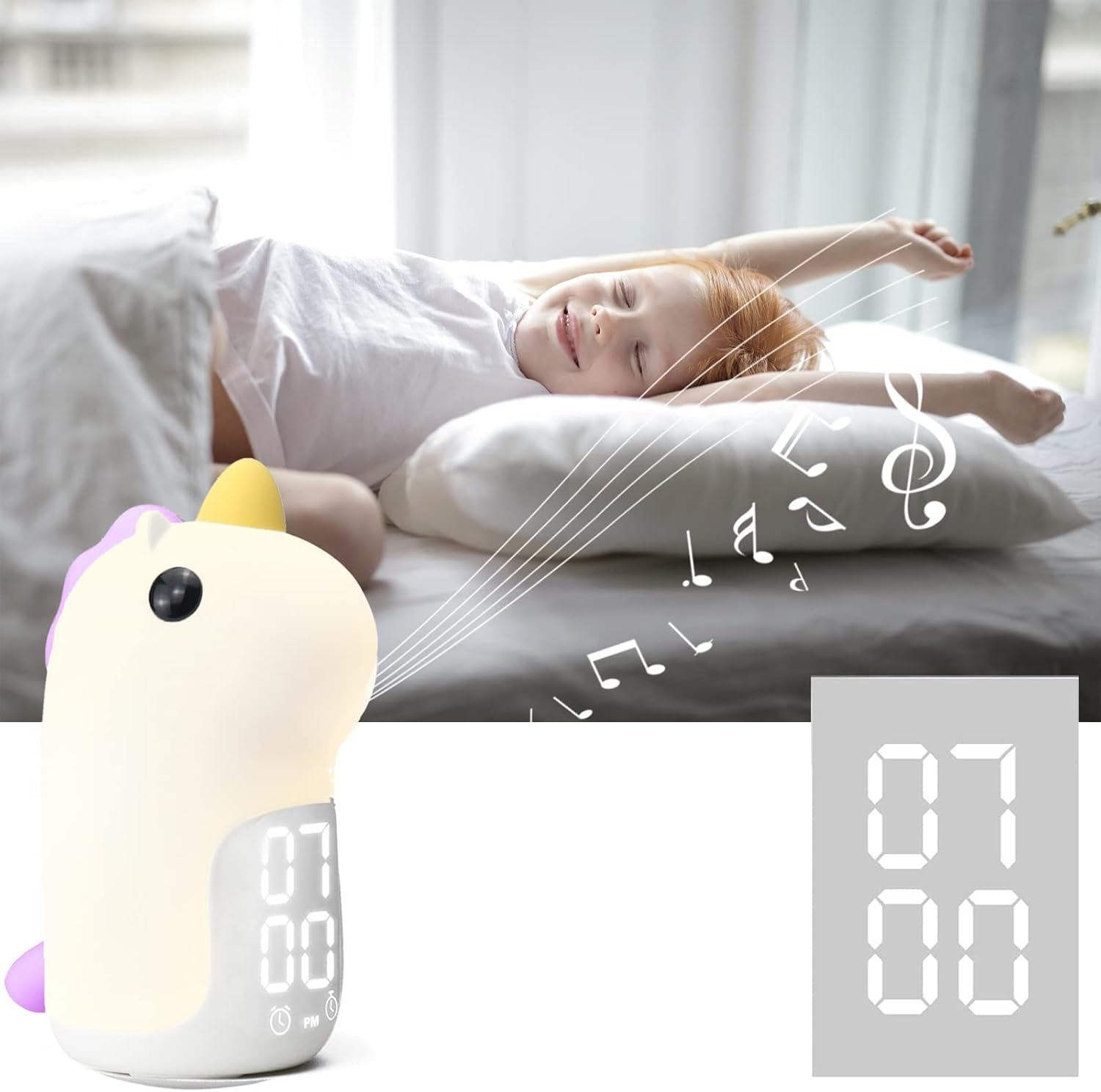 Ein Einhorn-Wecker mit einem Kind, das sich im Bett streckt, Musiknoten herum.