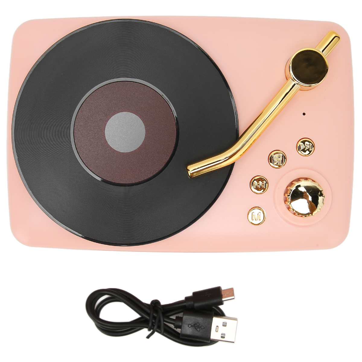 Ein pinkfarbener Lautsprecher im Retro-Stil mit schwarzem Plattenspieler, goldenem Arm und Kabel.