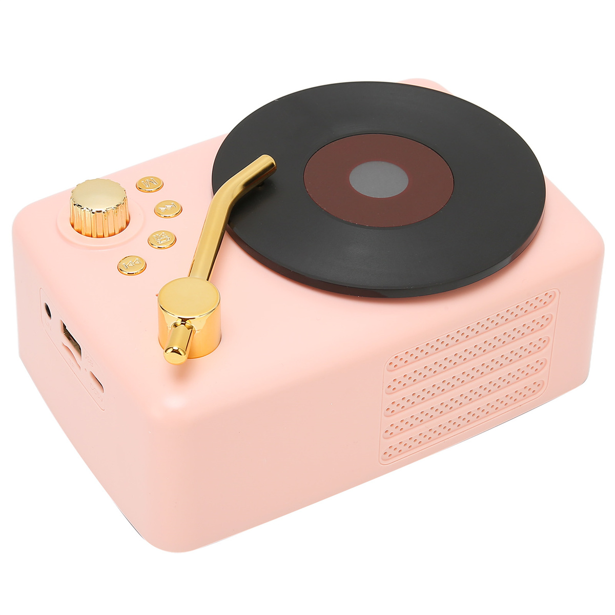 Rosa Lautsprecher im Retro-Stil mit schwarzer Vinyl-Schallplatte und goldfarbenen Details.