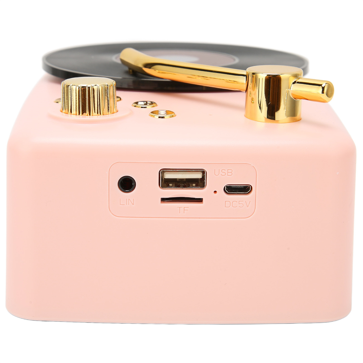 Rosa Retro-Musik-Player mit goldenen Details, Anschlüsse und Schallplatte oben.