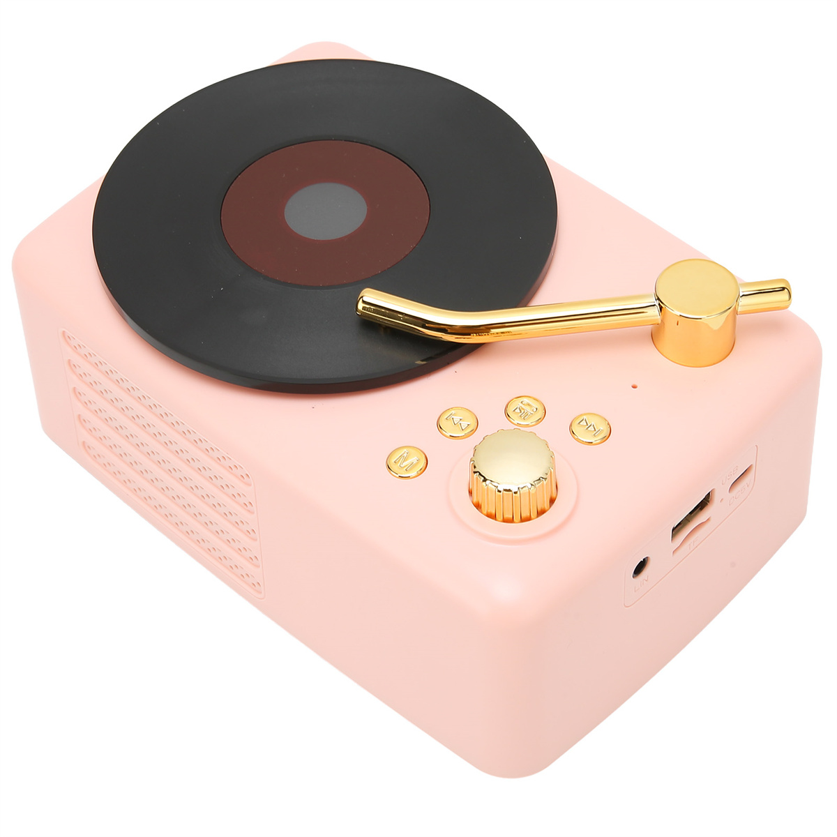 Rosa Retro-Plattenspieler mit schwarzer Schallplatte, goldenem Arm und Steuertasten.