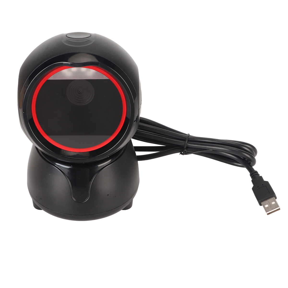 Ein schwarzer Barcodescanner mit rotem Ring. Ein USB-Kabel ist angeschlossen.