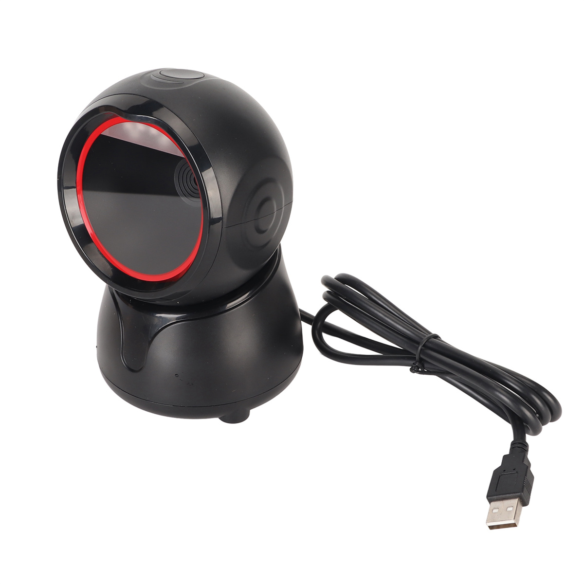 Ein schwarzer Barcode-Scanner mit einem roten Ring um die Linse. Ein schwarzes Kabel ist angeschlossen.