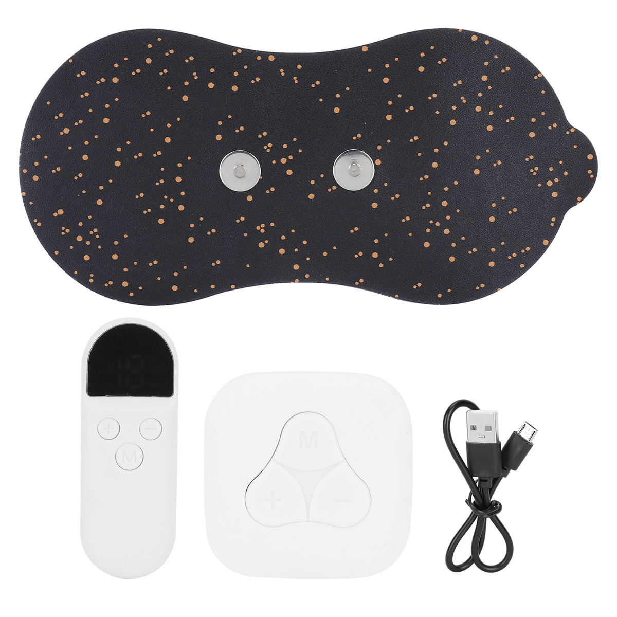 Schwarzes Massagepad mit Knöpfen, einem Controller und einem USB-Kabel. Enthält einen weißen Controller und ein USB-Kabel.