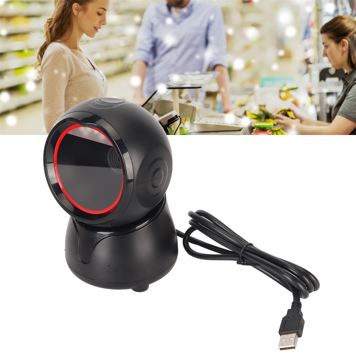Schwarzer Barcode-Scanner mit rotem Licht, USB-Kabel. Menschen in einem Geschäft im Hintergrund.