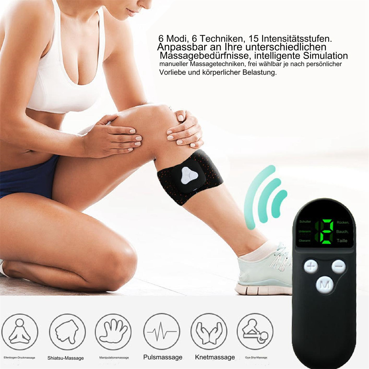 Frau mit Kniemassagegerät, Fernbedienung und Symbolen, die verschiedene Massagetechniken illustrieren.
