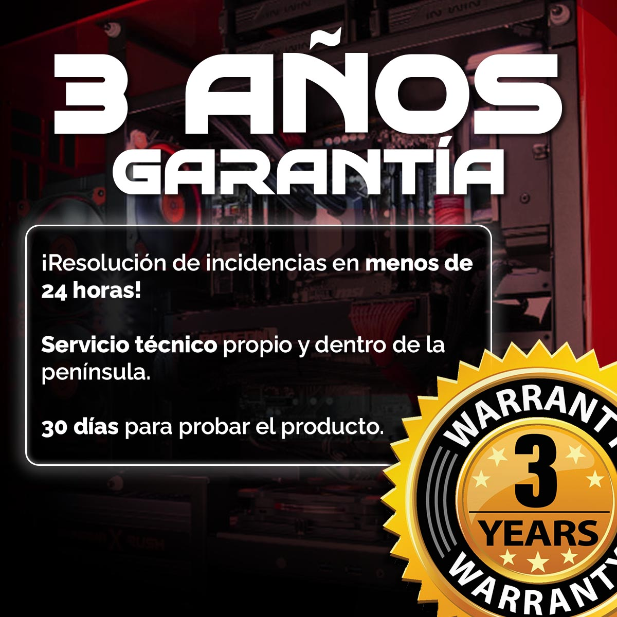 Un cartello di garanzia in spagnolo. Dice “Garanzia 3 anni” con testo su servizio e supporto.
