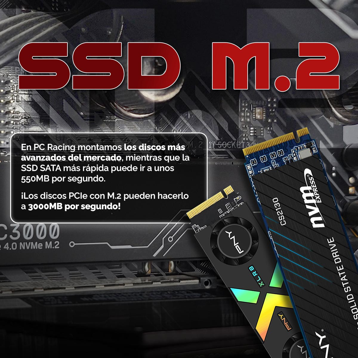 Componentes de PC, incluyendo SSD M.2, con etiquetas y una placa base.