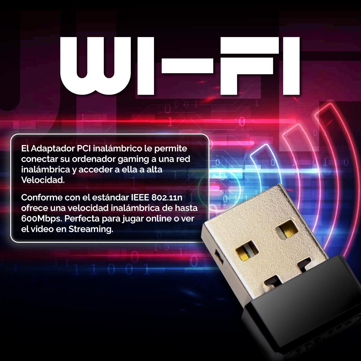 Un adattatore USB Wi-Fi con testo e un grafico dei segnali Wi-Fi.