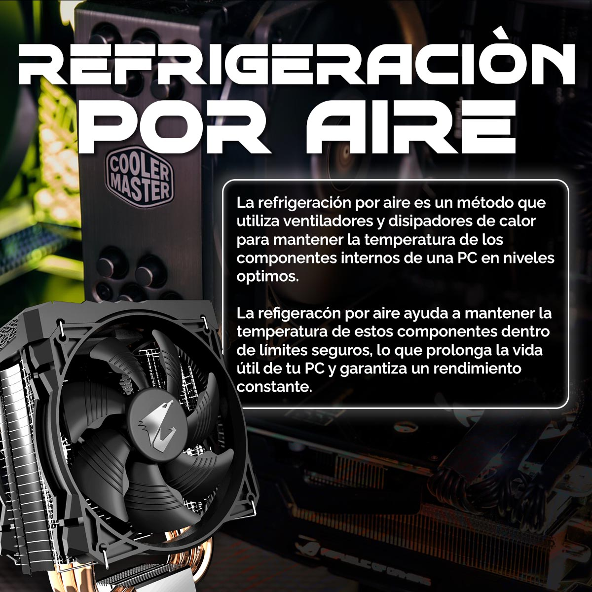 Un enfriador de computadora negro con ventilador. Texto arriba. Descripción de refrigeración por aire en caja.