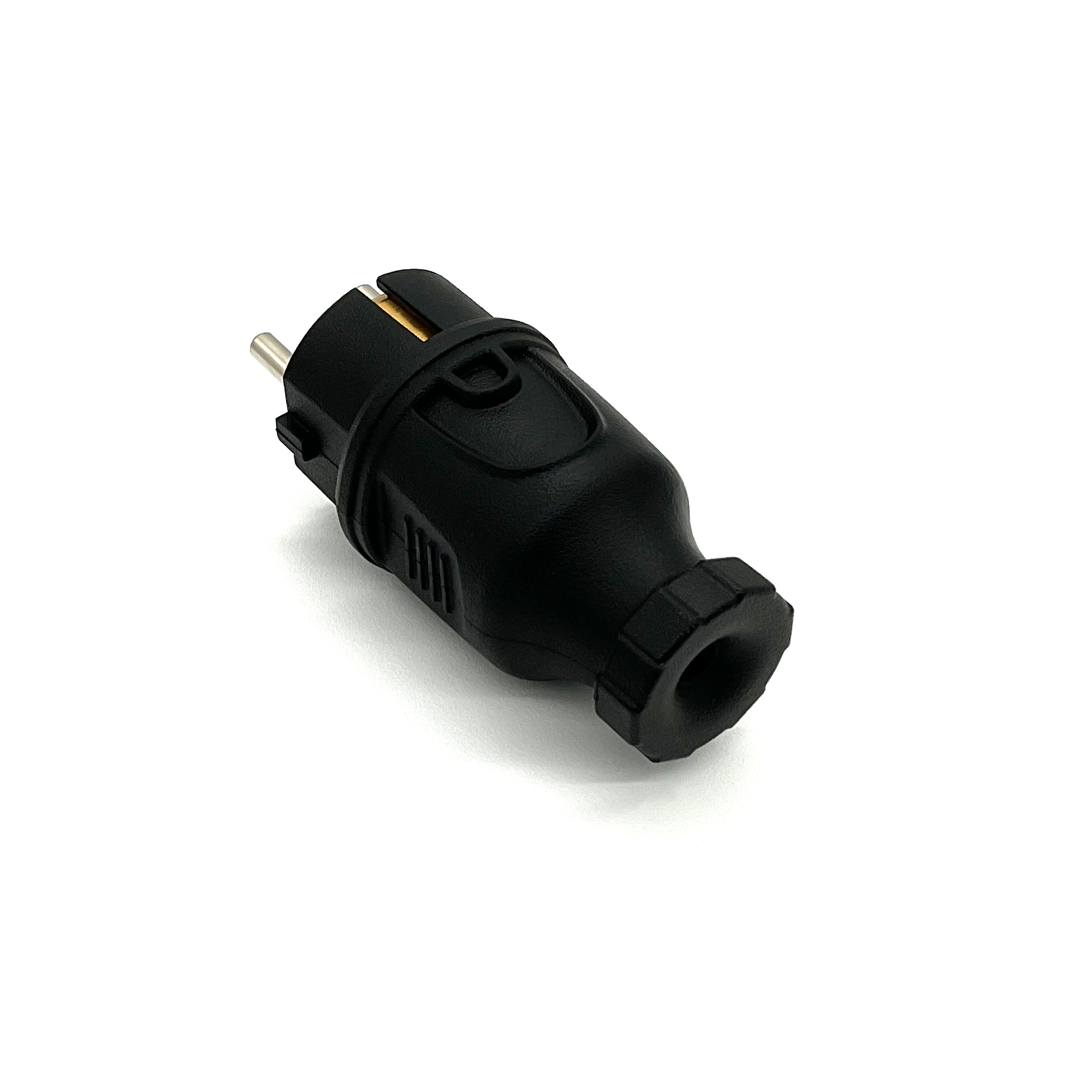 Schwarzer Stecker mit zwei Stiften, isoliert vor weißem Hintergrund, Nahaufnahme.