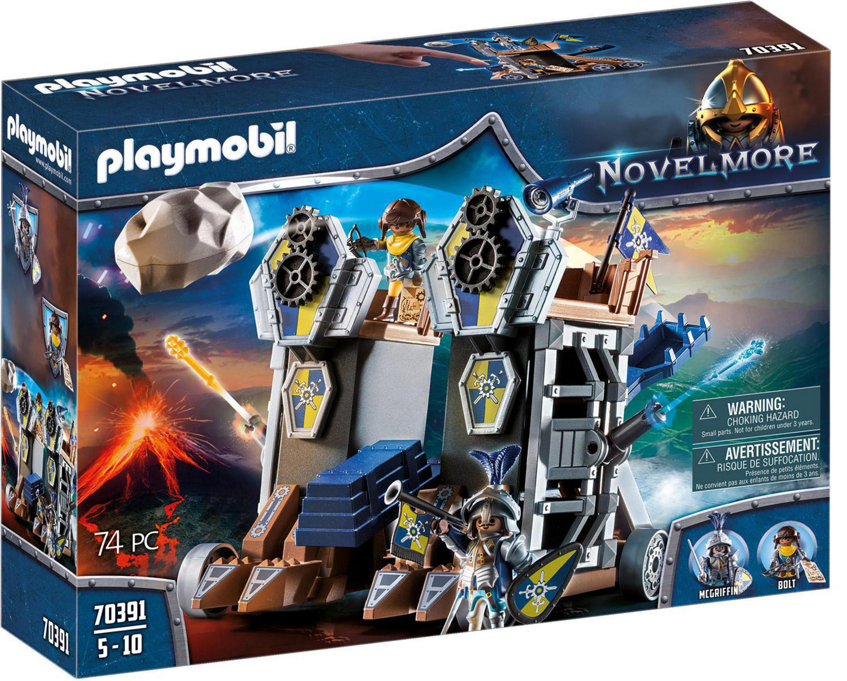 Caja del set de juego Playmobil Novelmore. Muestra un castillo, figuras y una advertencia sobre piezas pequeñas.