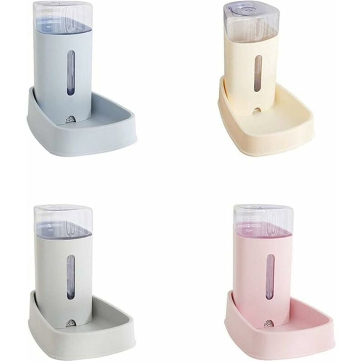 Vier Haustier-Wasserspender in verschiedenen Farben: blau, beige, grau und rosa.