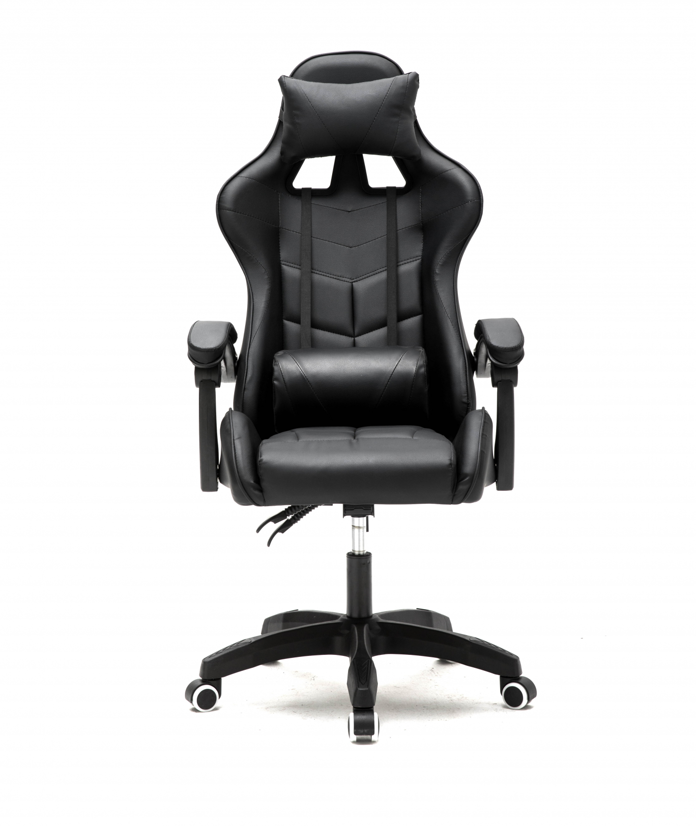 Schwarzer Gaming-Stuhl aus Leder, Kopfstütze, Armlehnen und Rollen.