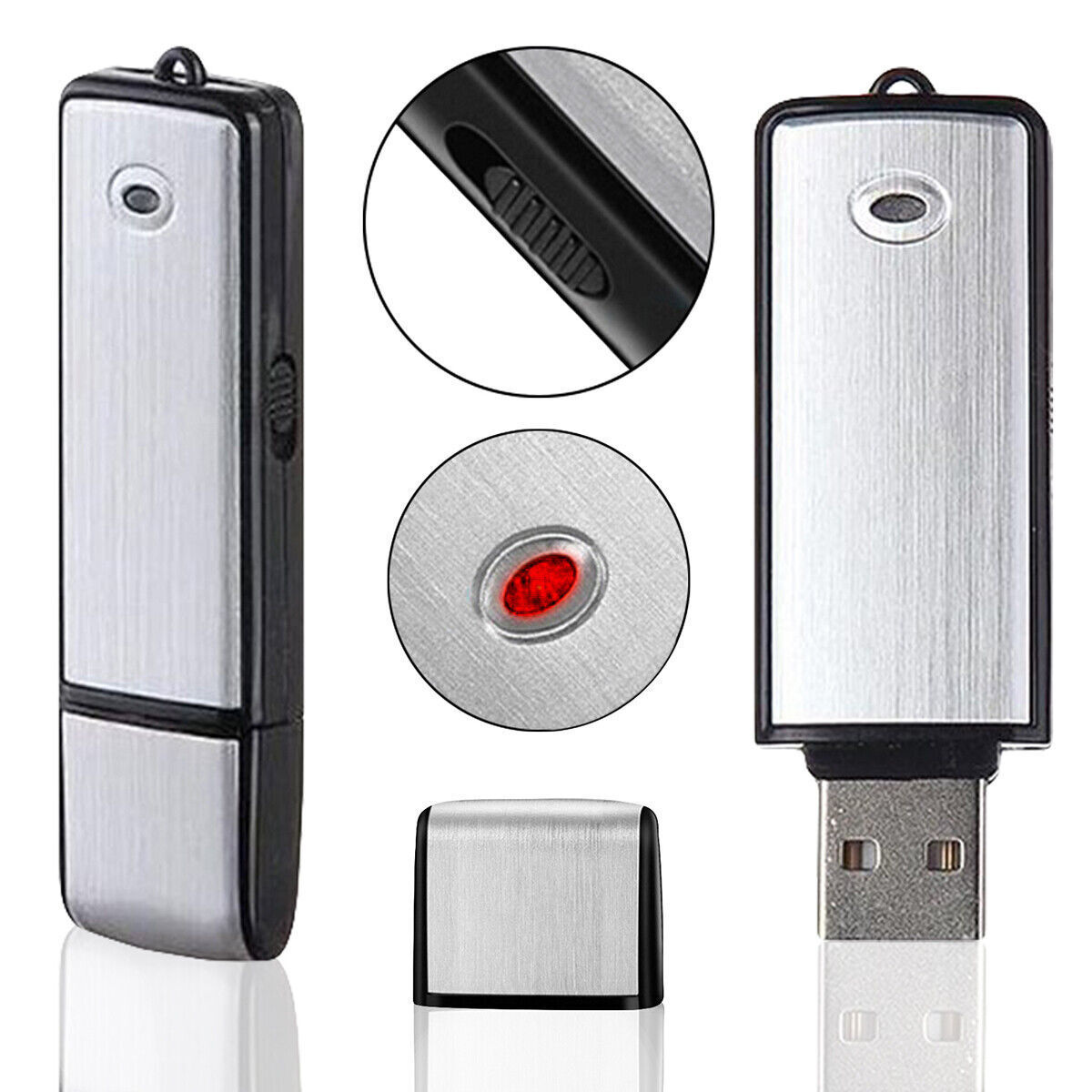 Drei USB-Laufwerke: zwei in Silber und eines in Schwarz. Die Laufwerke sind aus verschiedenen Winkeln gezeigt.