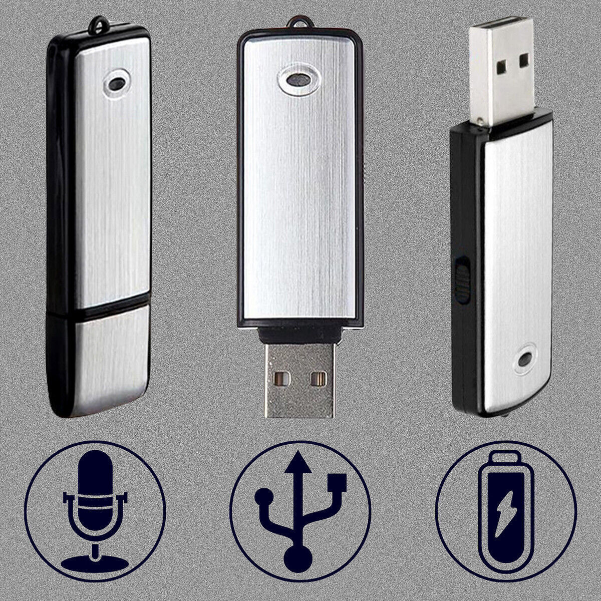 Drei USB-Flash-Laufwerke. Eines ist eingesetzt, eines offen, eines geschlossen. Alle sind silber.