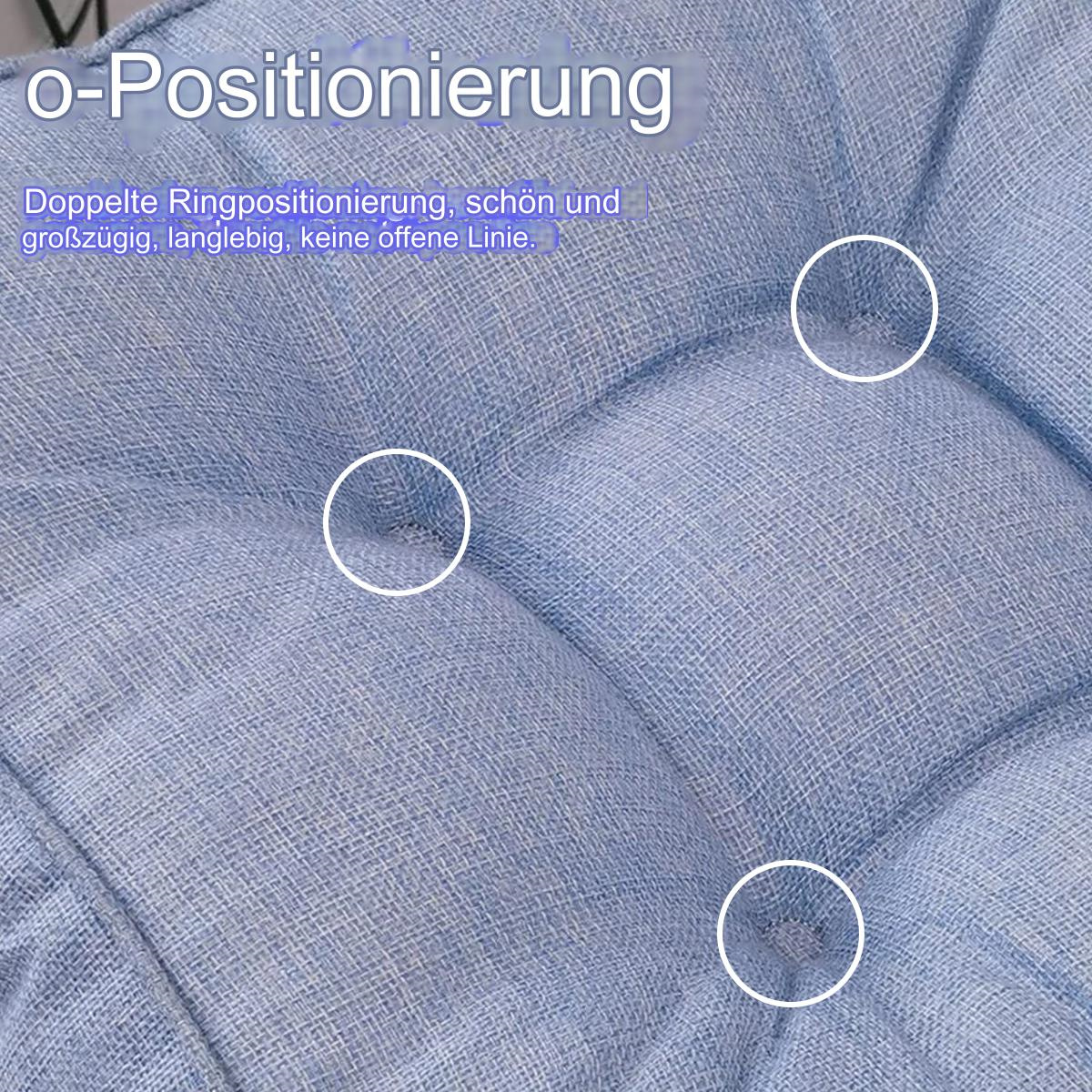 Blaues Kissen mit drei weißen Kreisen. Text beschreibt Doppelringpositionierung und eine weiche Linie.