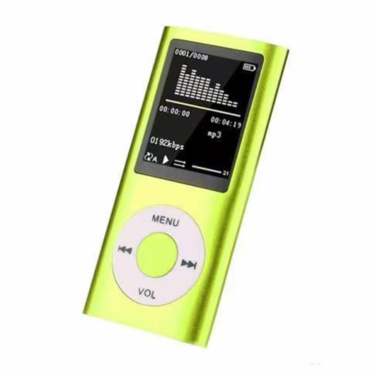 Grüner MP3-Player mit Bildschirm und Knöpfen auf weißem Hintergrund.