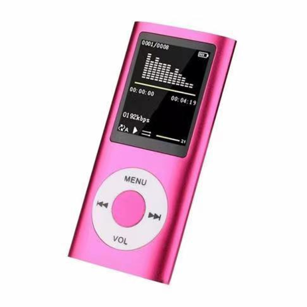 Ein pinkfarbener MP3-Player mit einem Bildschirm, der Musikinformationen anzeigt. Er hat ein Menü.