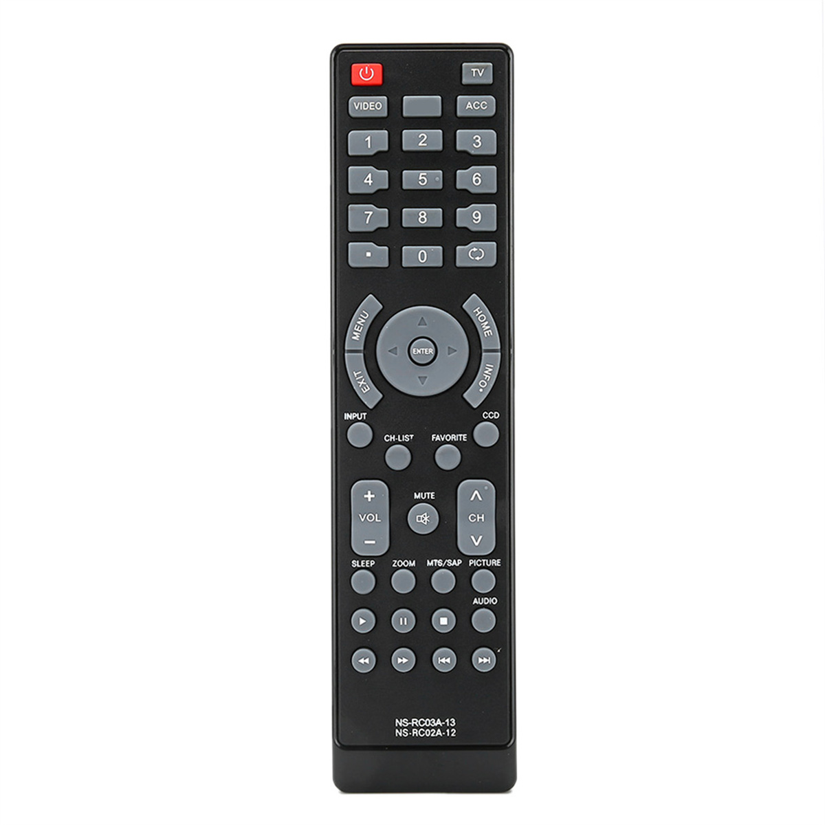 Schwarze TV-Fernbedienung mit vielen Tasten, darunter Ein/Aus, Zahlen und Lautstärke.