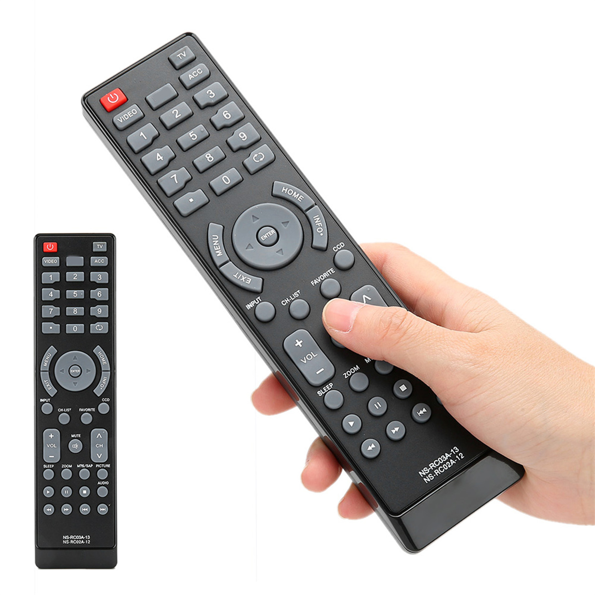 Schwarze TV-Fernbedienung mit vielen Knöpfen. Eine weitere kleinere Fernbedienung ist auch abgebildet.