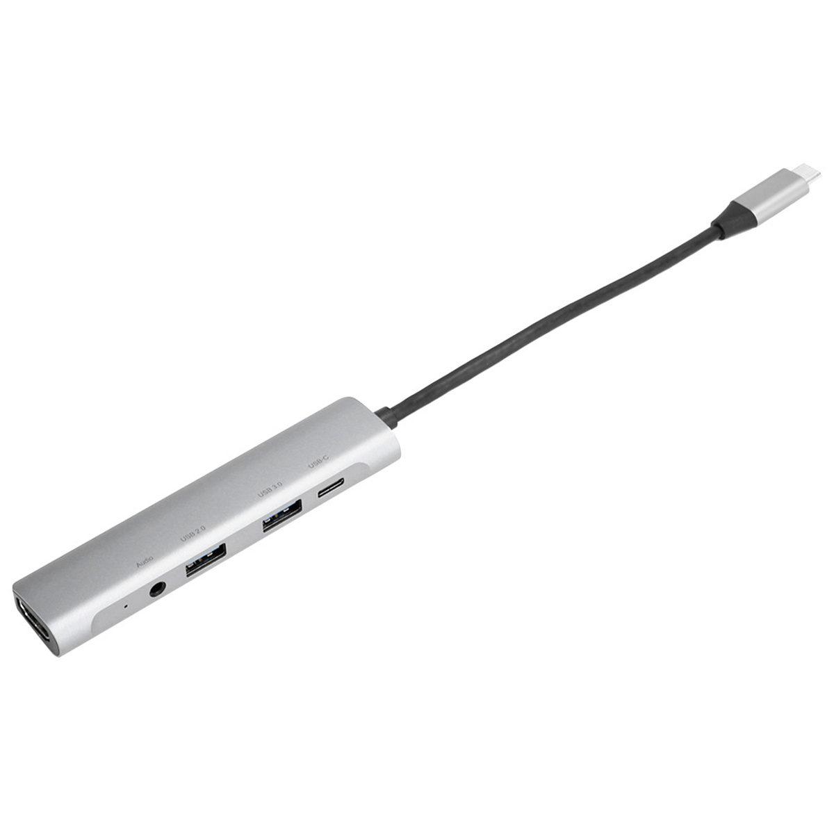 Ein silberner Multiport-Adapter mit USB-, USB-C- und Audioanschlüssen. Er hat ein schwarzes Kabel.