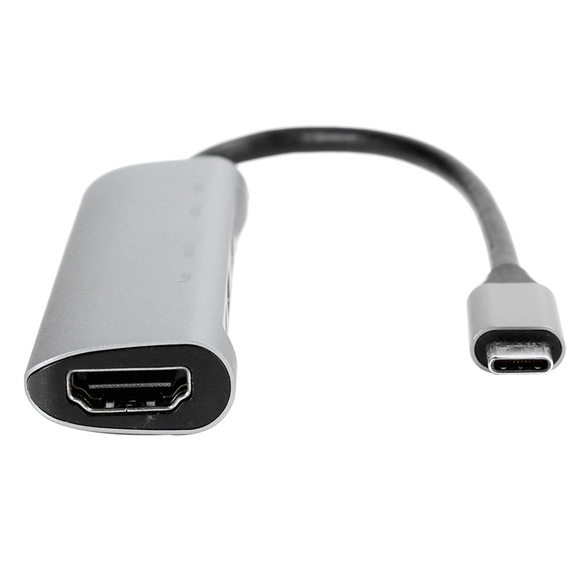 Silberner HDMI-zu-USB-C-Adapter. Schwarzes Kabel. Weißer Hintergrund.