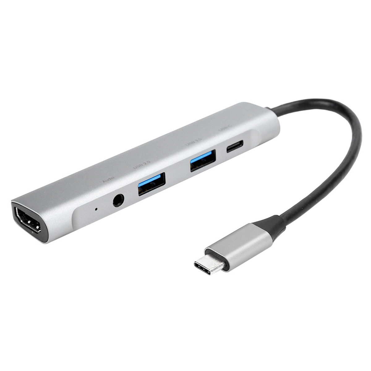 Ein silberner USB-Hub mit HDMI-, USB 2.0-, USB 3.0- und USB-C-Anschlüssen. Ein schwarzes Kabel geht ab.