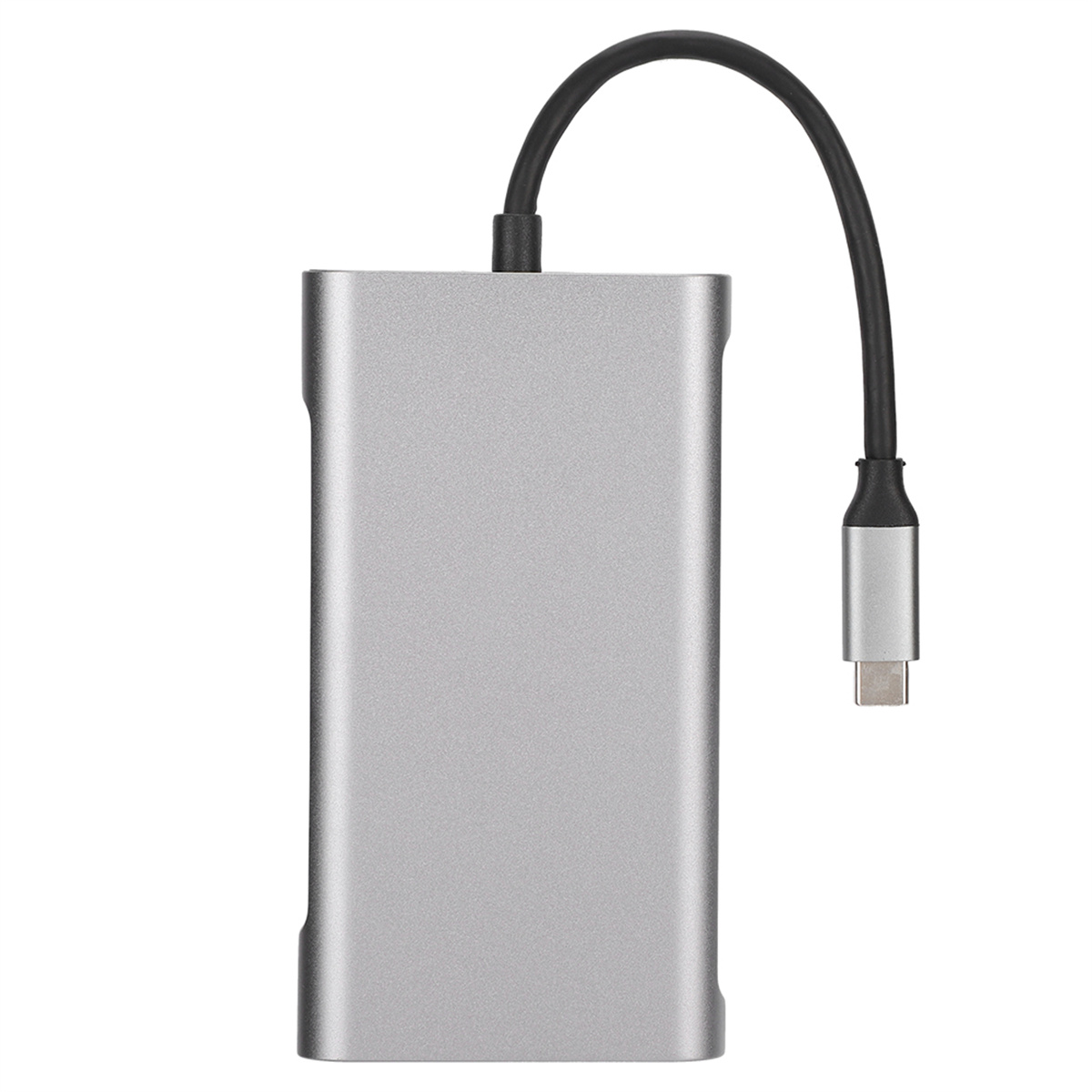 Silberner USB-C-Hub mit schwarzem Kabel und Stecker. Einfacher Hintergrund.