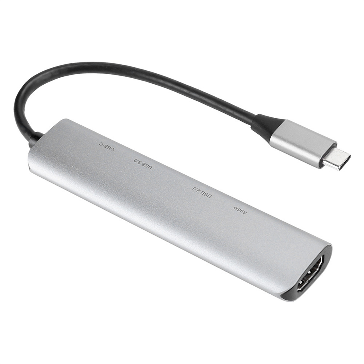 Silberner USB-C-Hub-Adapter mit USB 3.0-, USB 2.0- und Audioanschlüssen.