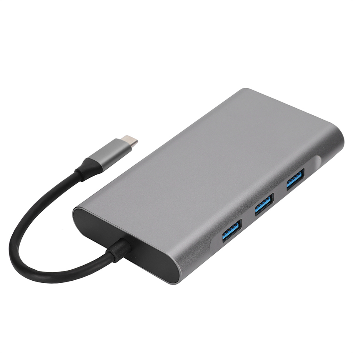 Ein grauer USB-Hub mit vier blauen USB-Anschlüssen und einem angeschlossenen schwarzen Kabel.