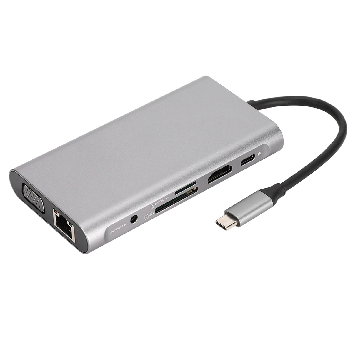 Silberfarbener Multiport-Adapter mit verschiedenen Anschlüssen, verbunden mit einem schwarzen Kabel.