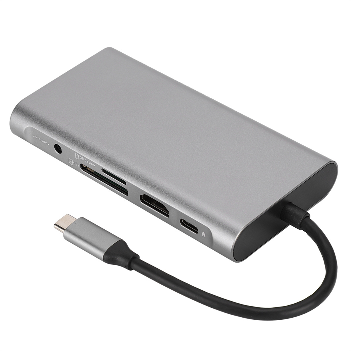 Silberner rechteckiger Hub mit mehreren Anschlüssen, einschließlich USB-C und HDMI, mit angeschlossenem schwarzem Kabel.