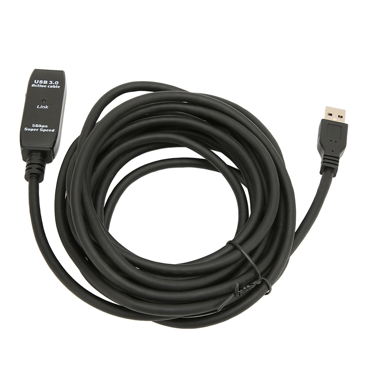 Schwarzes USB 3.0 Aktivkabel mit Link-Box und Anschlüssen an jedem Ende.