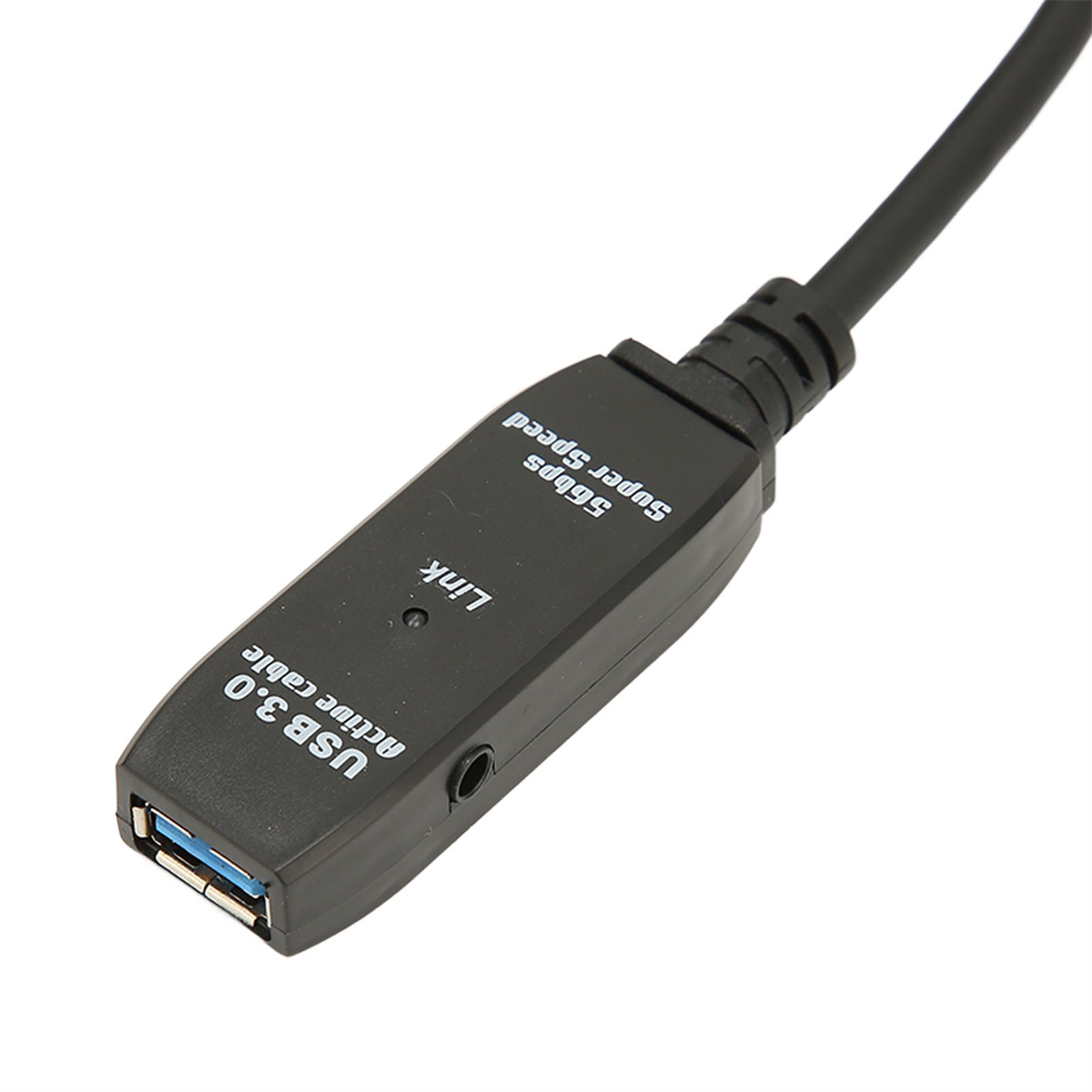 Schwarzes USB 3.0-Aktivkabel mit USB-A-Anschluss und einem schwarzen rechteckigen Ende.