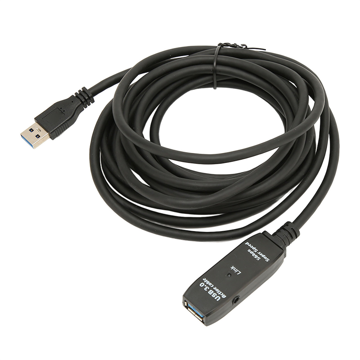 Ein schwarzes USB 3.0 Verlängerungskabel mit Anschlüssen und einem schwarzen Link-Adapter.