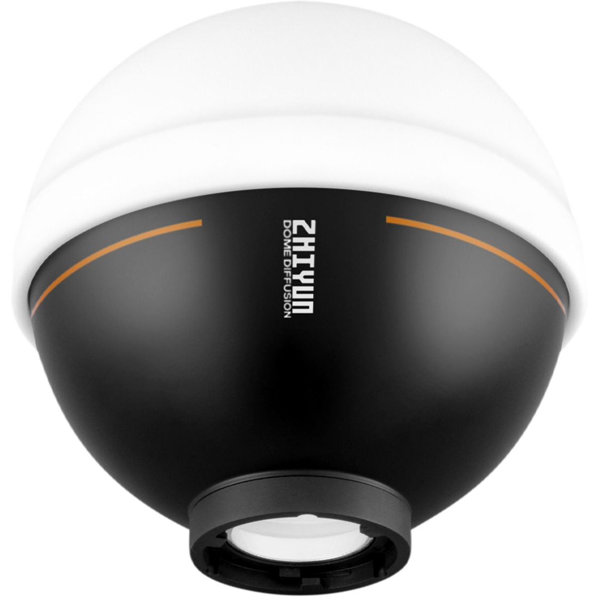 Schwarz-weißer, kuppelförmiger Lichtdiffusor. Er hat ein ZHIYUN-Logo und einen orangenen Streifen.