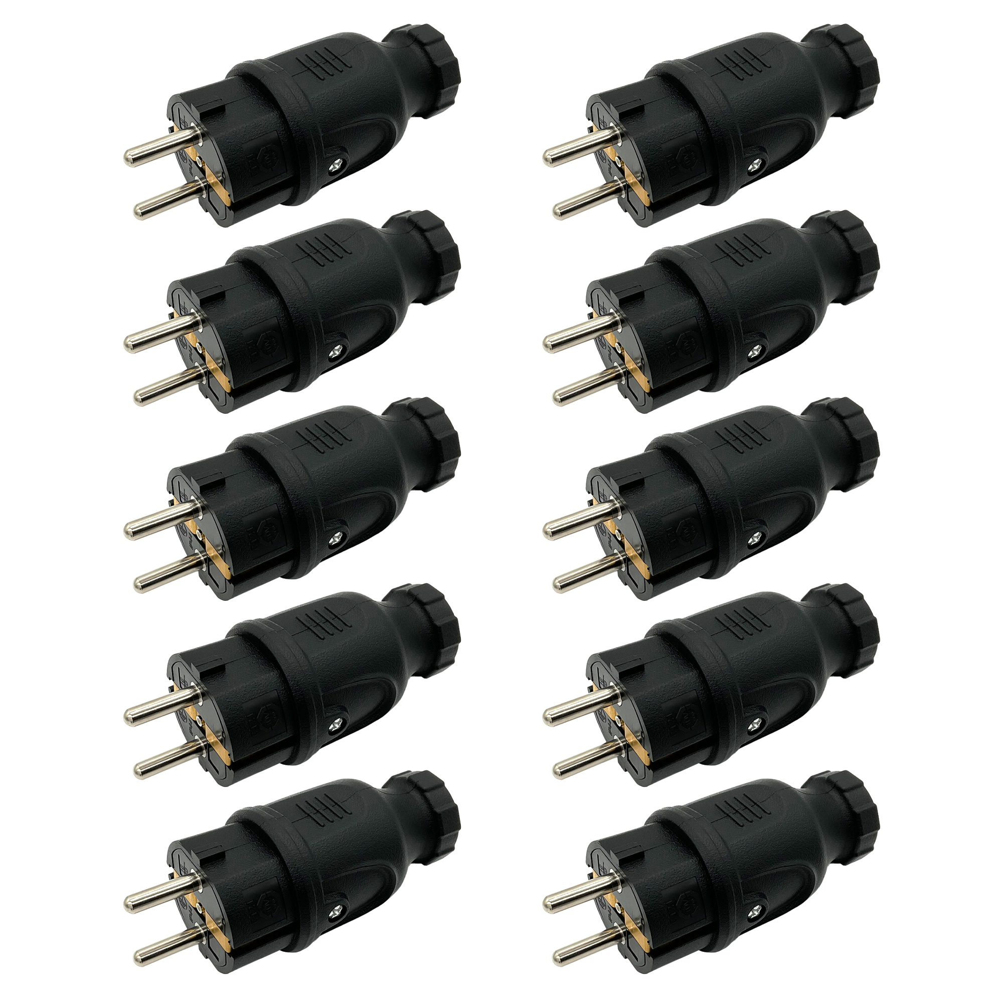 Eine Gruppe schwarzer Netzstecker mit drei Stiften. Die Stecker sind horizontal auf weißem Untergrund angeordnet.
