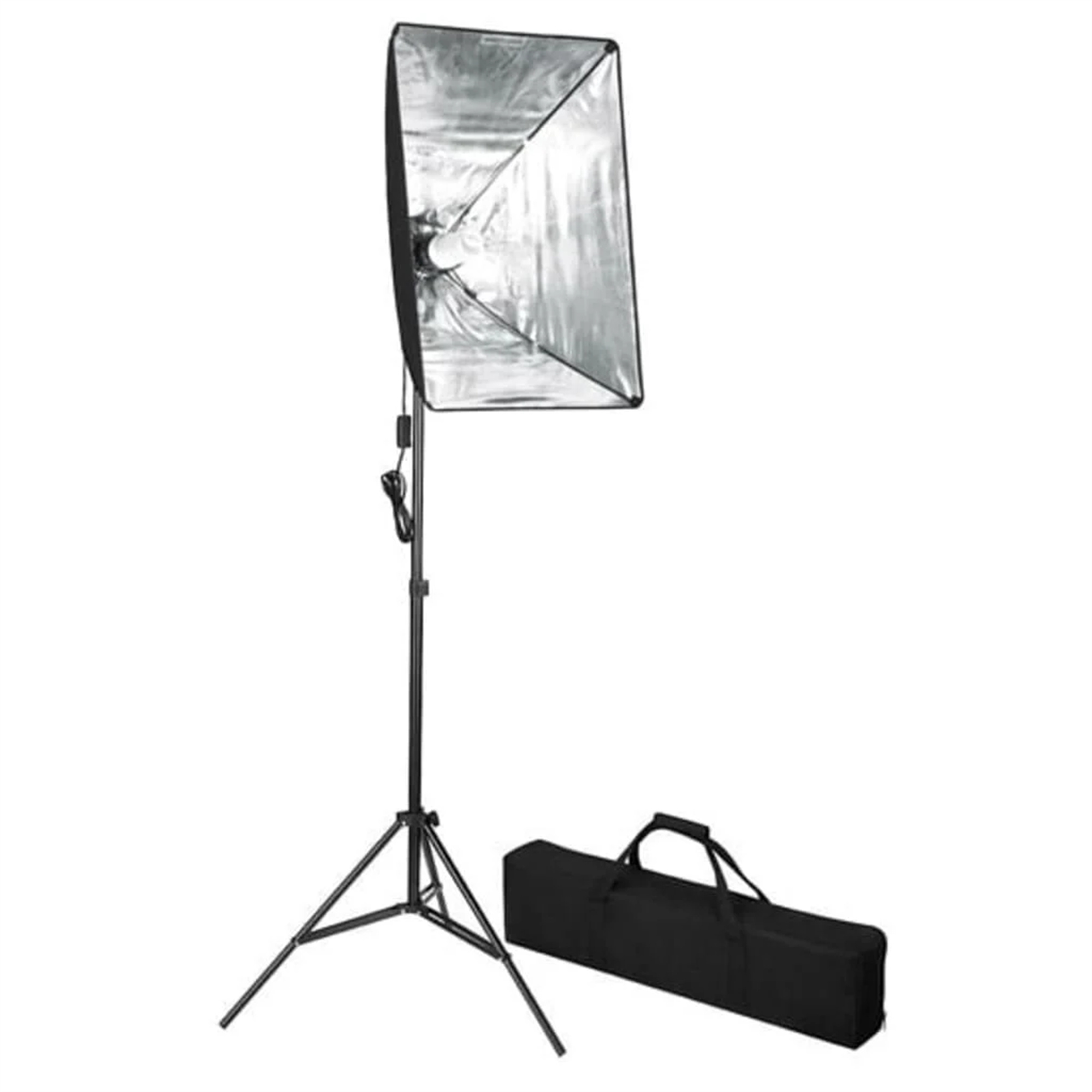 Eine Softbox auf einem Ständer mit einer Tragetasche auf weißem Hintergrund.