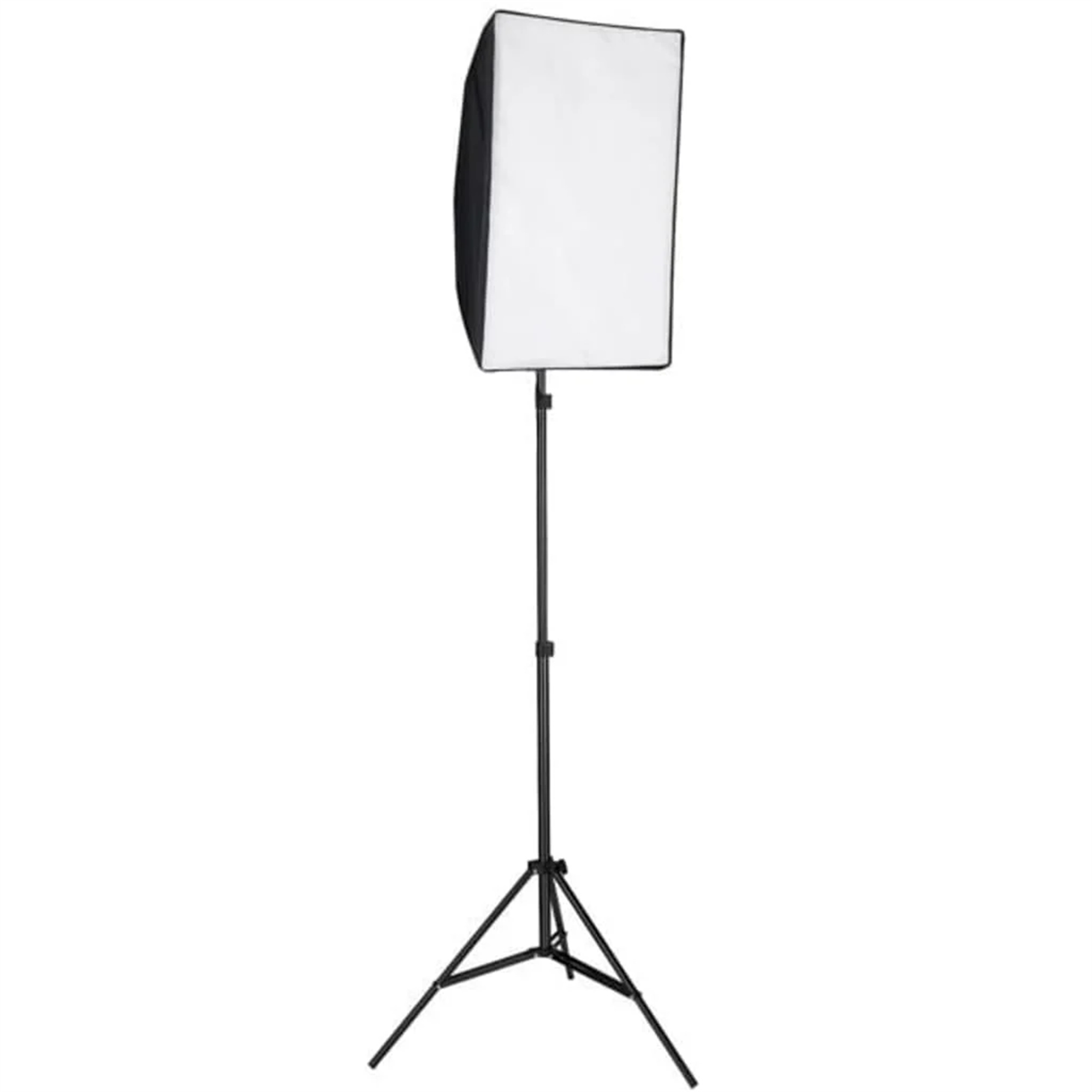 Studioleuchte mit Softbox auf einem Stativ. Weißer Hintergrund.
