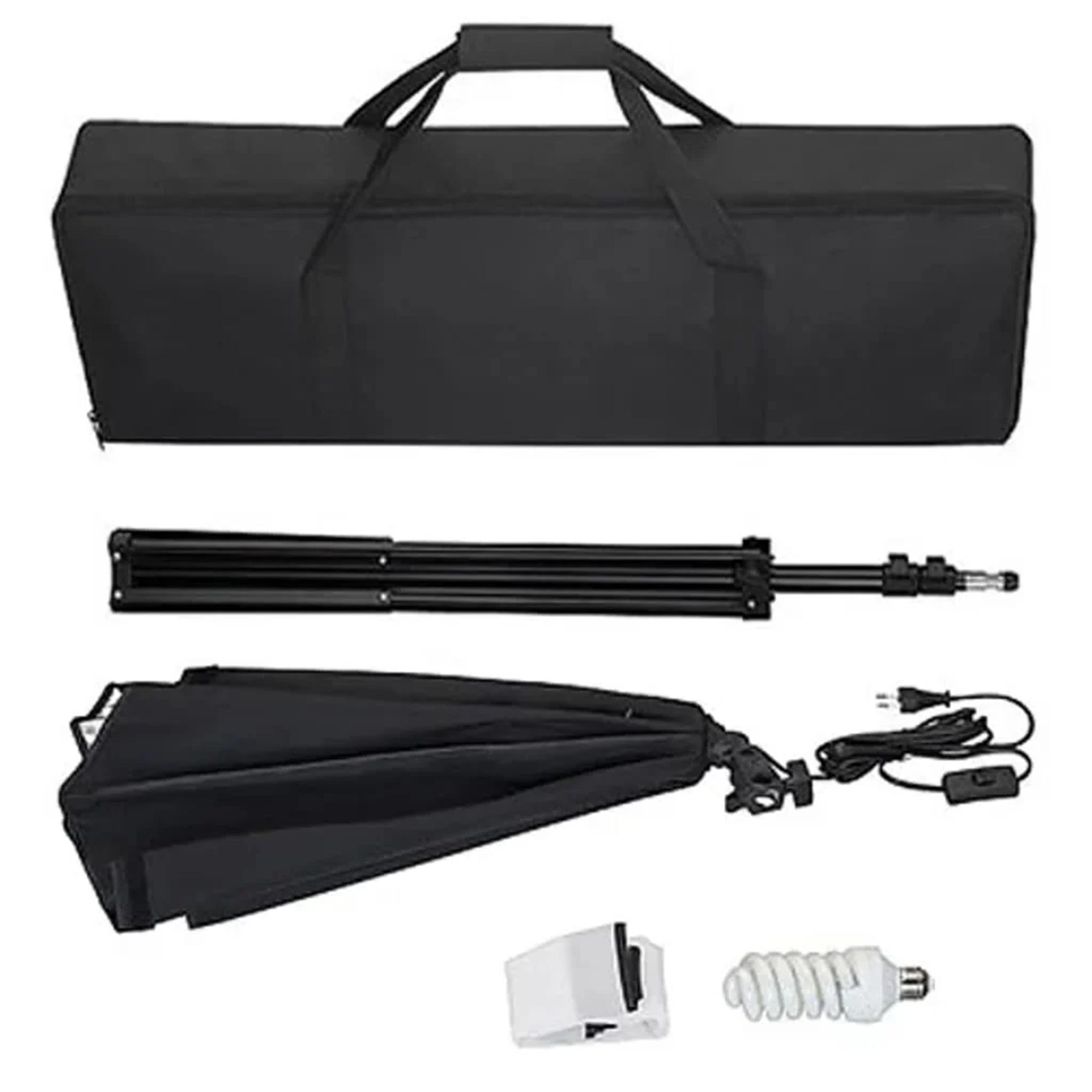 Schwarzes Foto-Kit mit Tragetasche, Stativ, Schirm, Glühbirne und Licht.