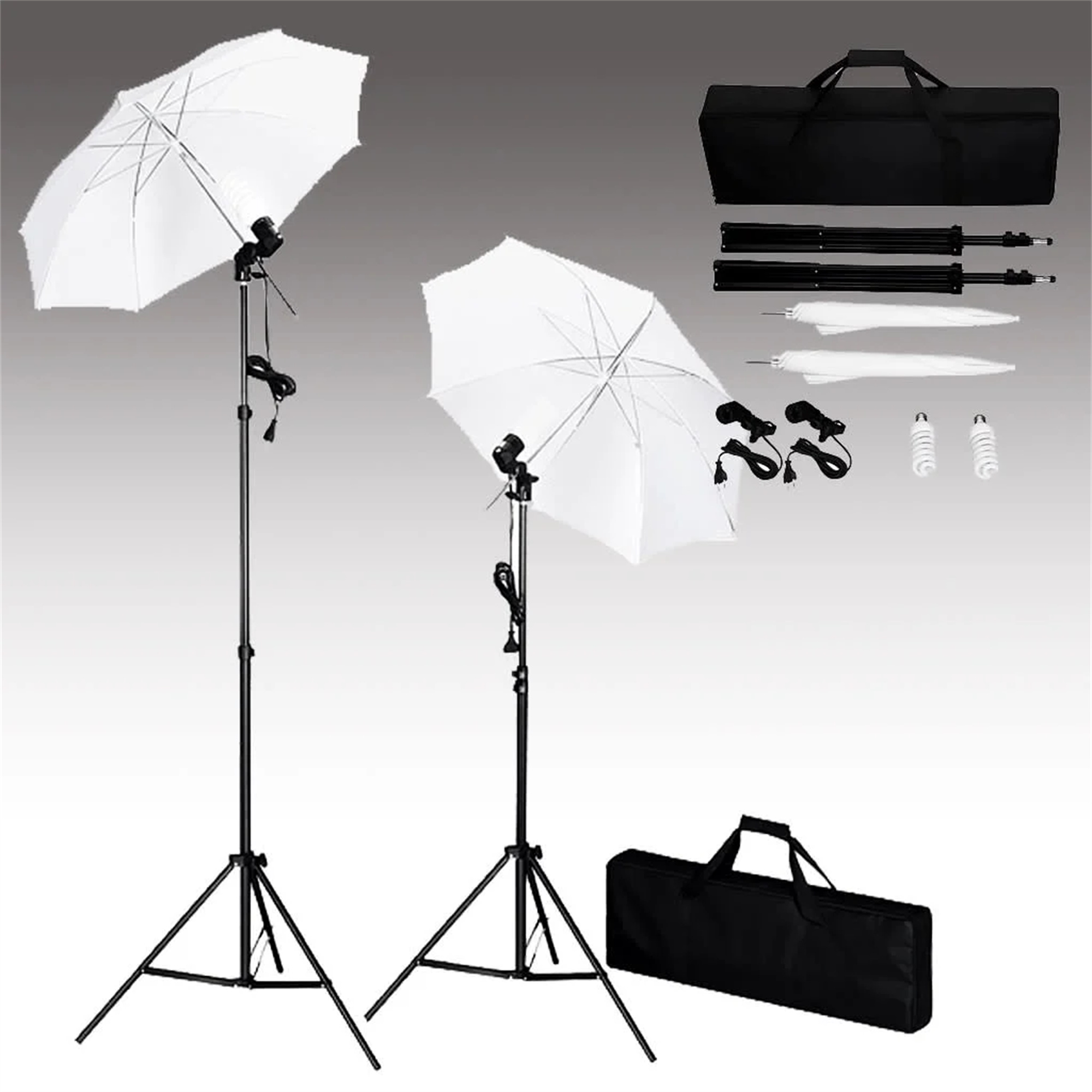 Zwei weiße Schirme auf Ständern und ein Set Lichter für Studio. Zubehör ist auch gezeigt.