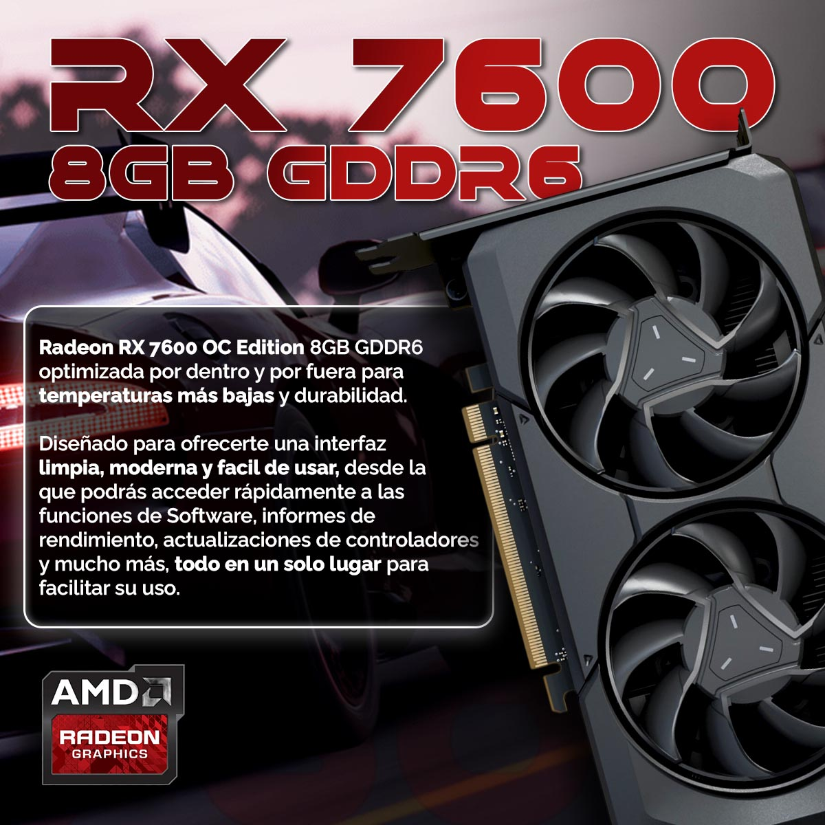 Scheda grafica con due ventole e il logo AMD Radeon davanti a un'auto.