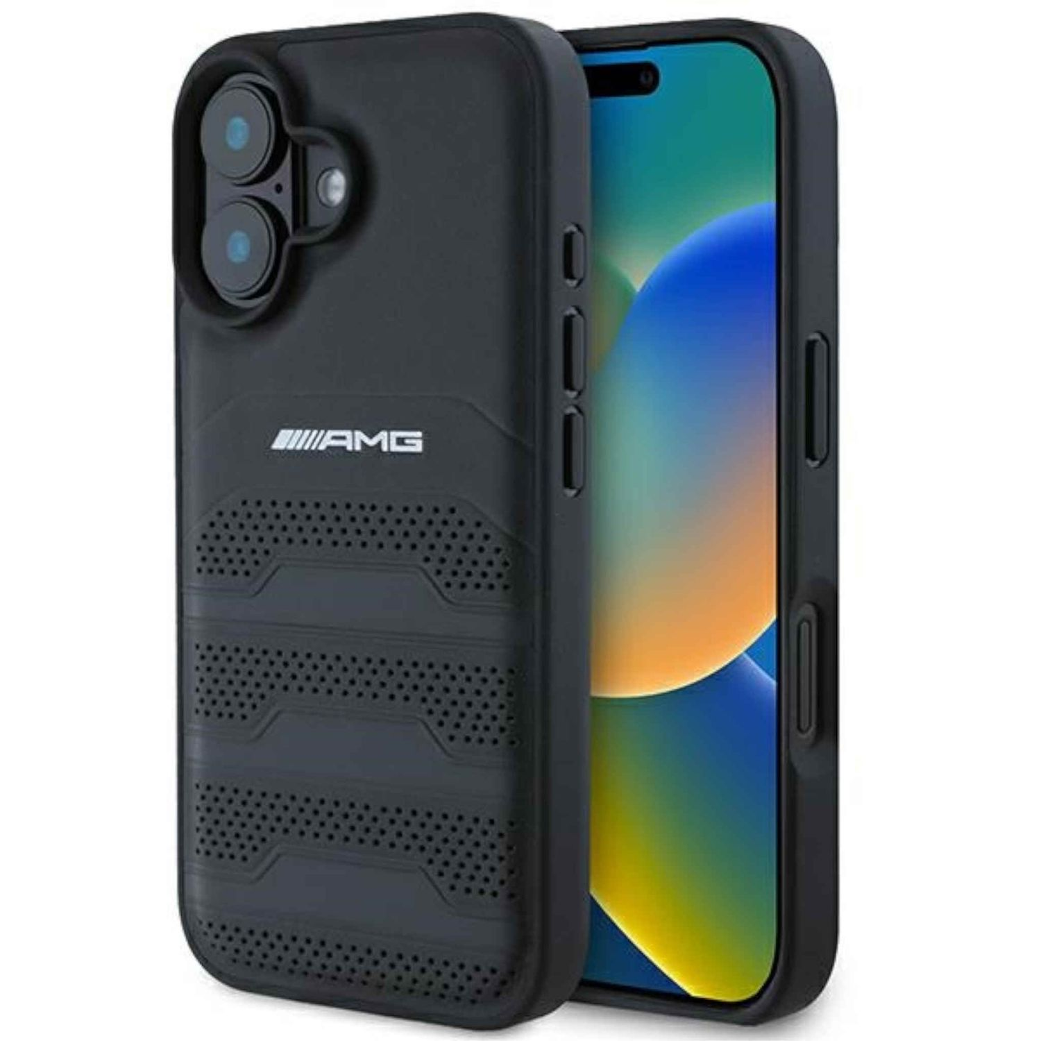Ein schwarzes Telefon in einer Schutzhülle mit AMG-Logo, neben dem Telefon.