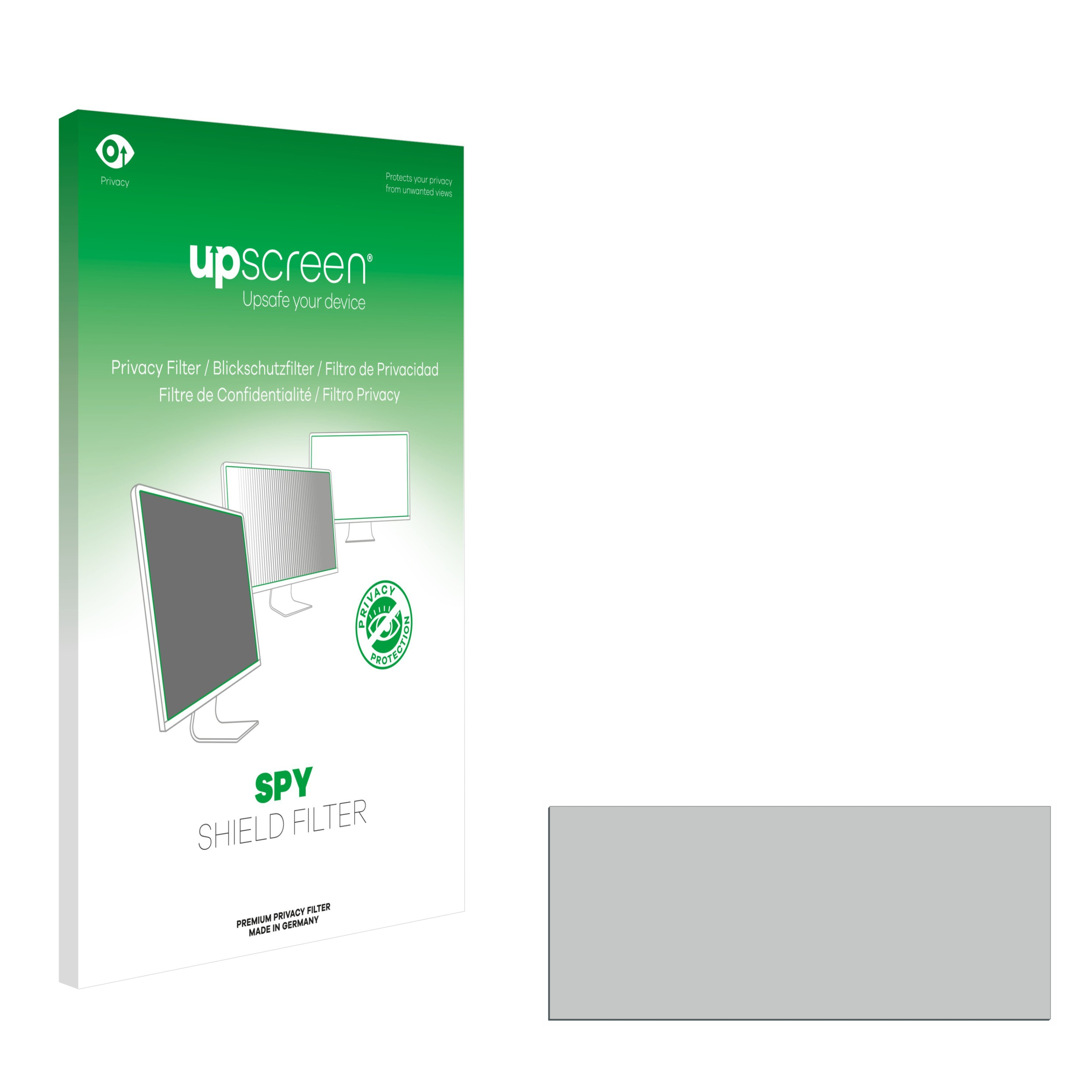 Ein Sichtschutzfilter in einer Box. Die Box ist weiß und grün mit Text und Illustrationen.