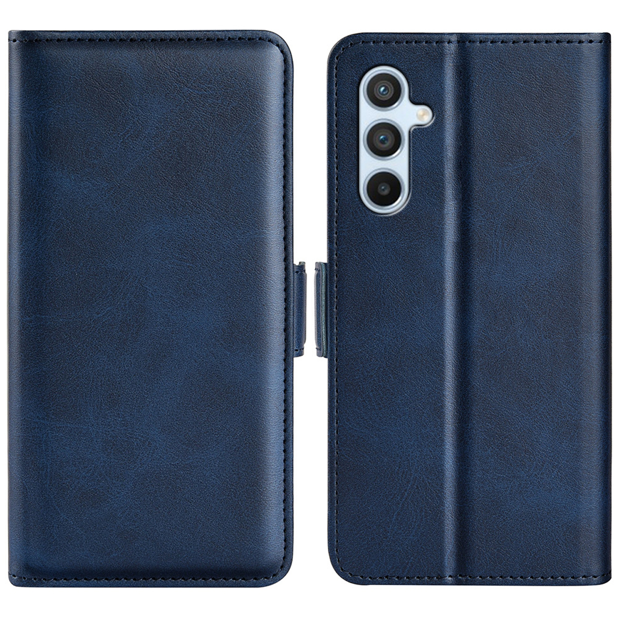 Blauwe leren telefoonhoes in portefeuille-stijl, open en dicht, met een magnetische sluiting.