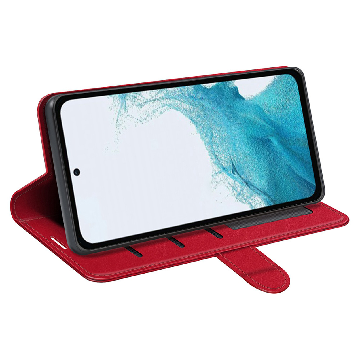 Rode leren telefoonhoes, open. De telefoon zit erin en toont een blauw-wit abstract ontwerp.