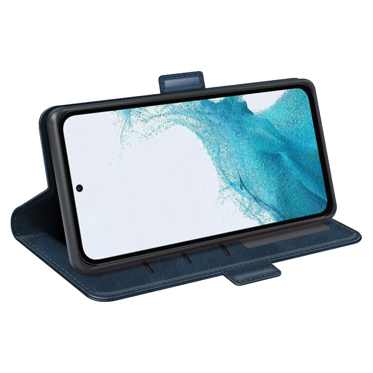 Blauwe telefoonhoes met telefoon. Telefoon heeft een blauwe achtergrond.