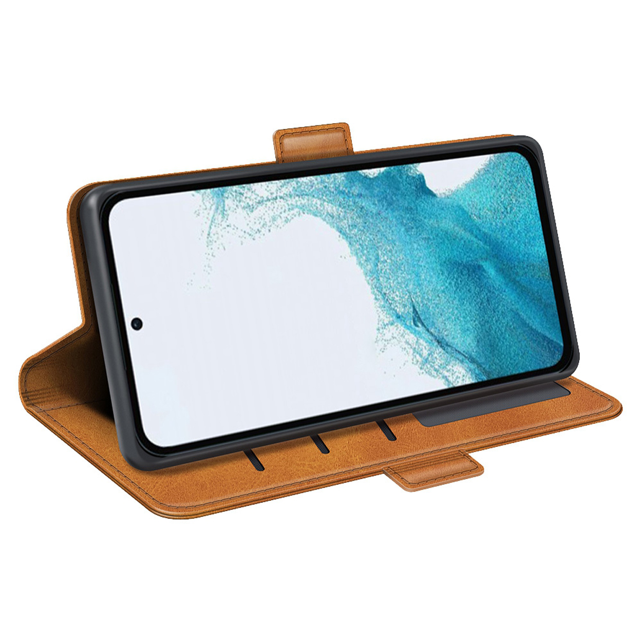 Bruine telefoonhoes geopend om een telefoon in een standaard te onthullen. Het scherm is zichtbaar.