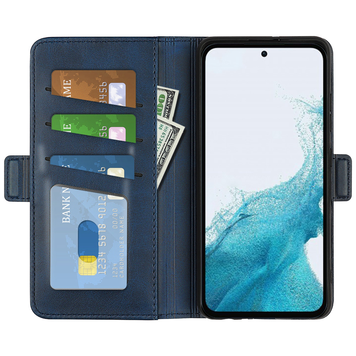 Blauwe telefoonhoes open met telefoon, kaarten en contant geld. Blauwe leertextuur.